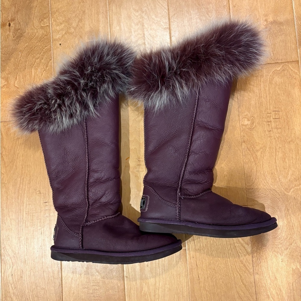 Australia Luxe shearling leather fox fur tall boots burgundy sz 6 pull on